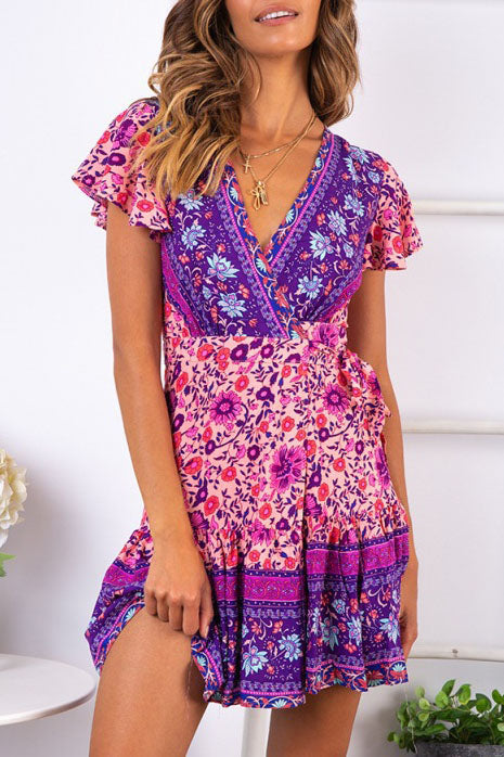 Creamtopmall Ethnic V Neck Mini Bohemian Dress