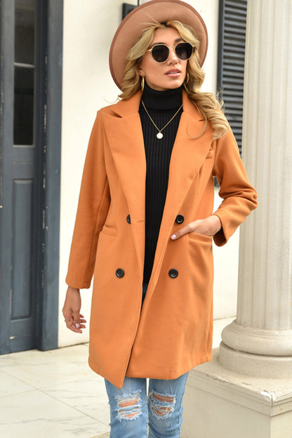 Creamtopmall Solid Color Long Lapel Button Woolen Coat