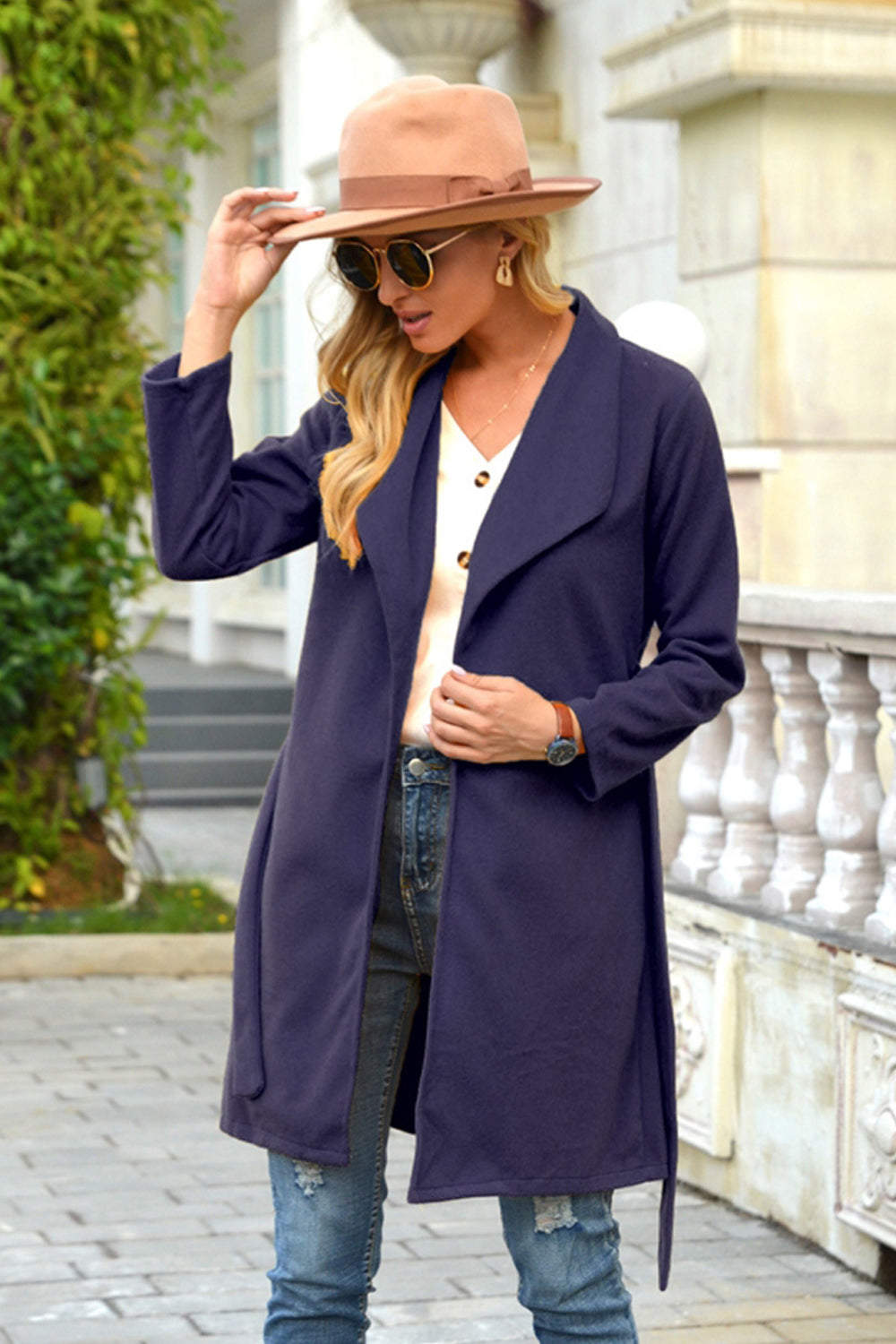 Creamtopmall Woolen Lapel Tie Long Coat