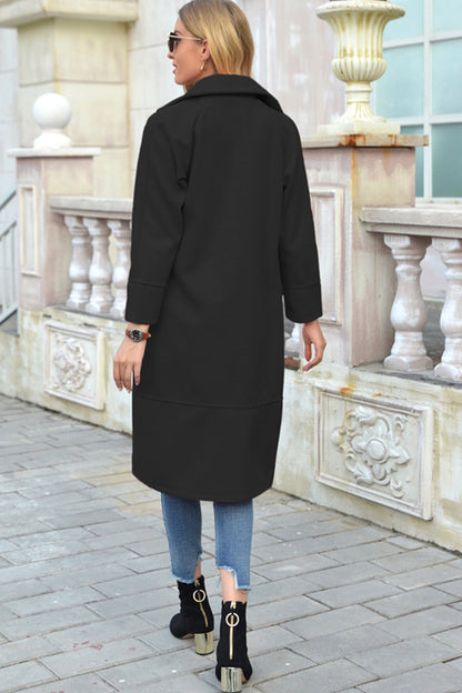 Creamtopmall Solid Color Turn-Down Collar Long Woolen Coat