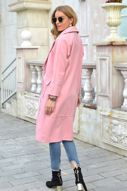 Creamtopmall Solid Color Turn-Down Collar Long Woolen Coat