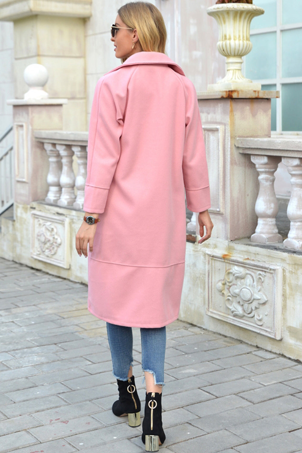 Creamtopmall Solid Color Turn-Down Collar Long Woolen Coat