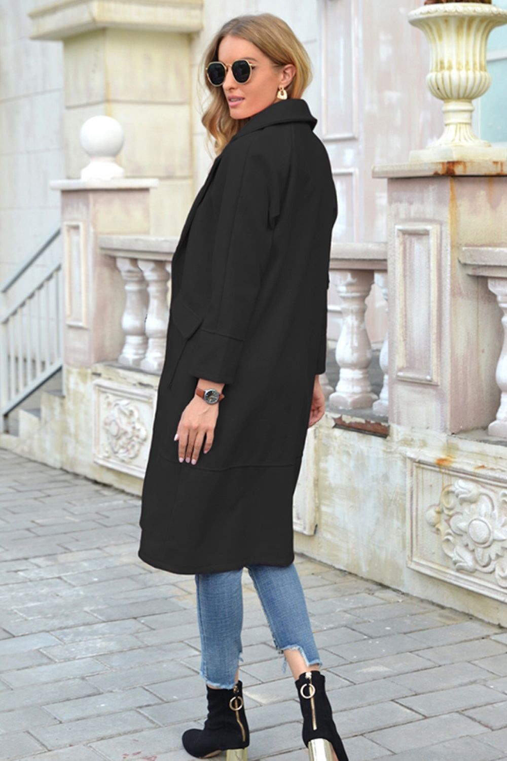 Creamtopmall Solid Color Turn-Down Collar Long Woolen Coat