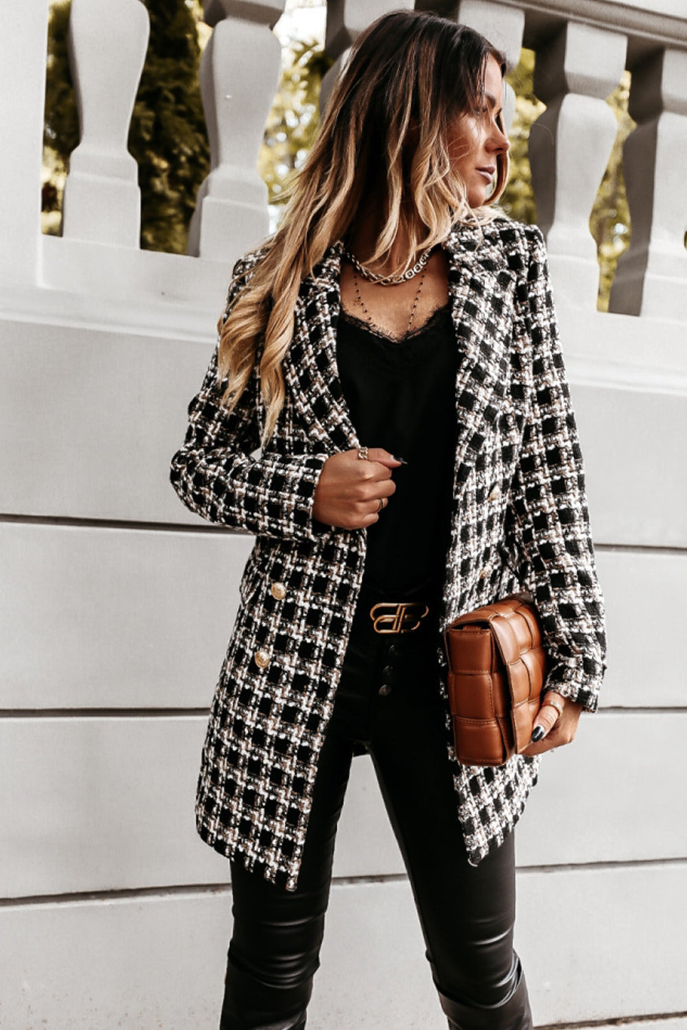 Creamtopmall Woolen Print Lapel Mid-Length Coat