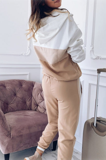 creamtopmall Patchwork Hooded Long-Sleeved Pants Set