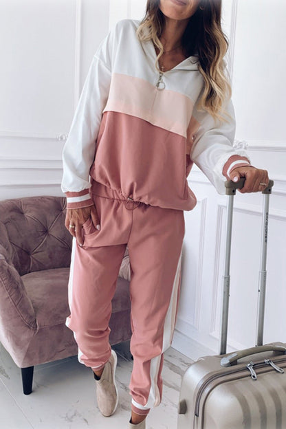 creamtopmall Patchwork Hooded Long-Sleeved Pants Set