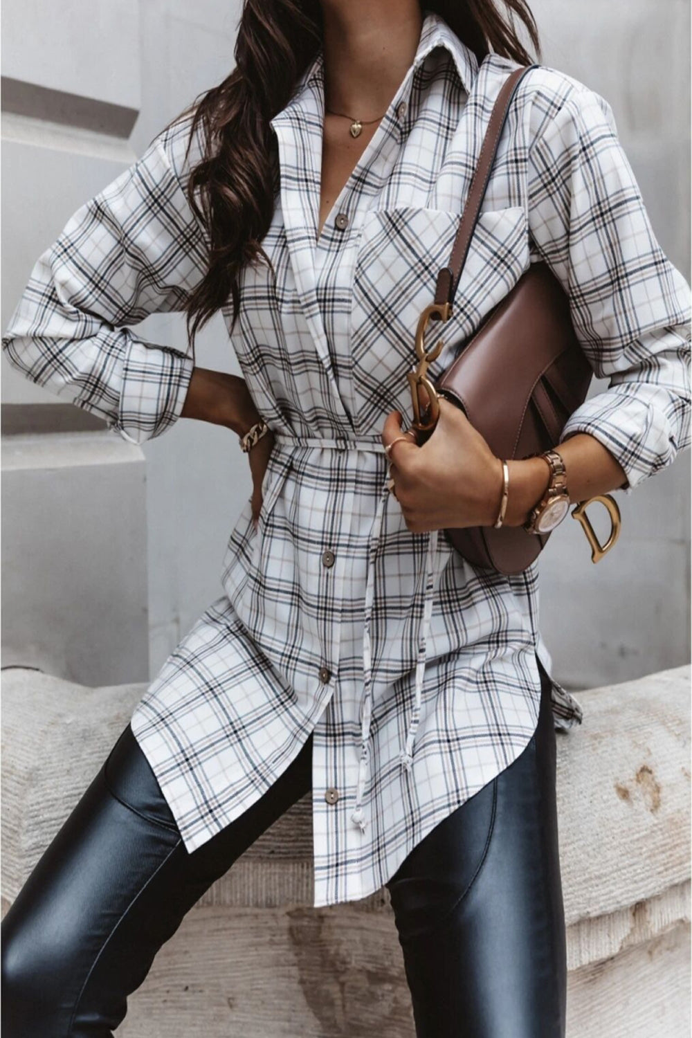 Creamtopmall Plaid Mid-Length Long-Sleeved Shirt