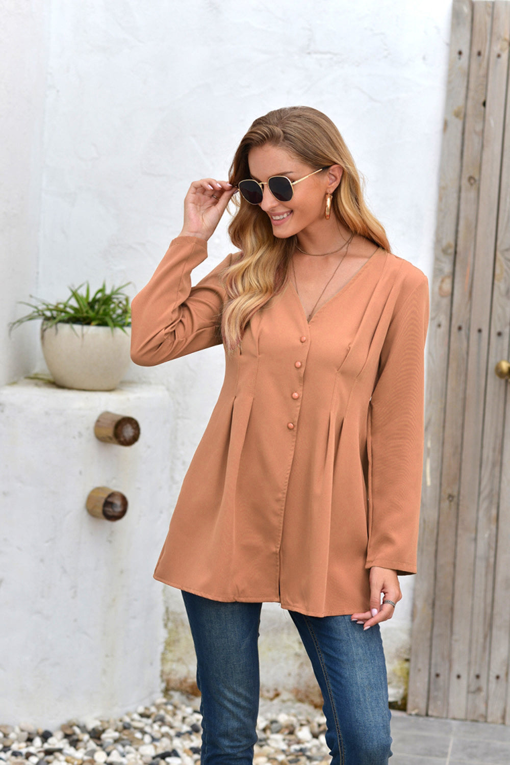 Creamtopmall Mid-Length V-Neck Long Sleeve Shirt