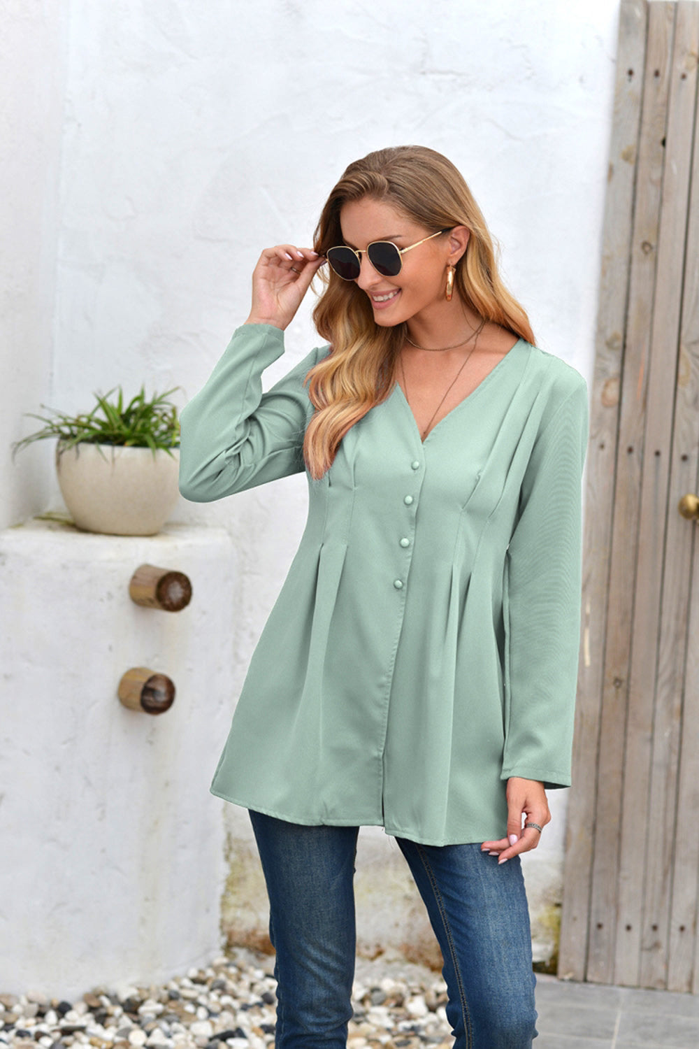 Creamtopmall Mid-Length V-Neck Long Sleeve Shirt