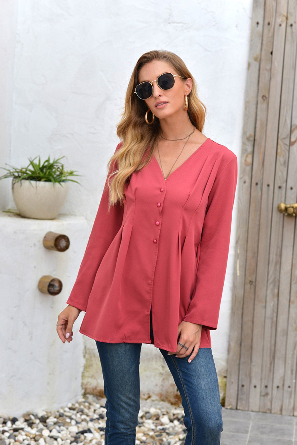 Creamtopmall Mid-Length V-Neck Long Sleeve Shirt