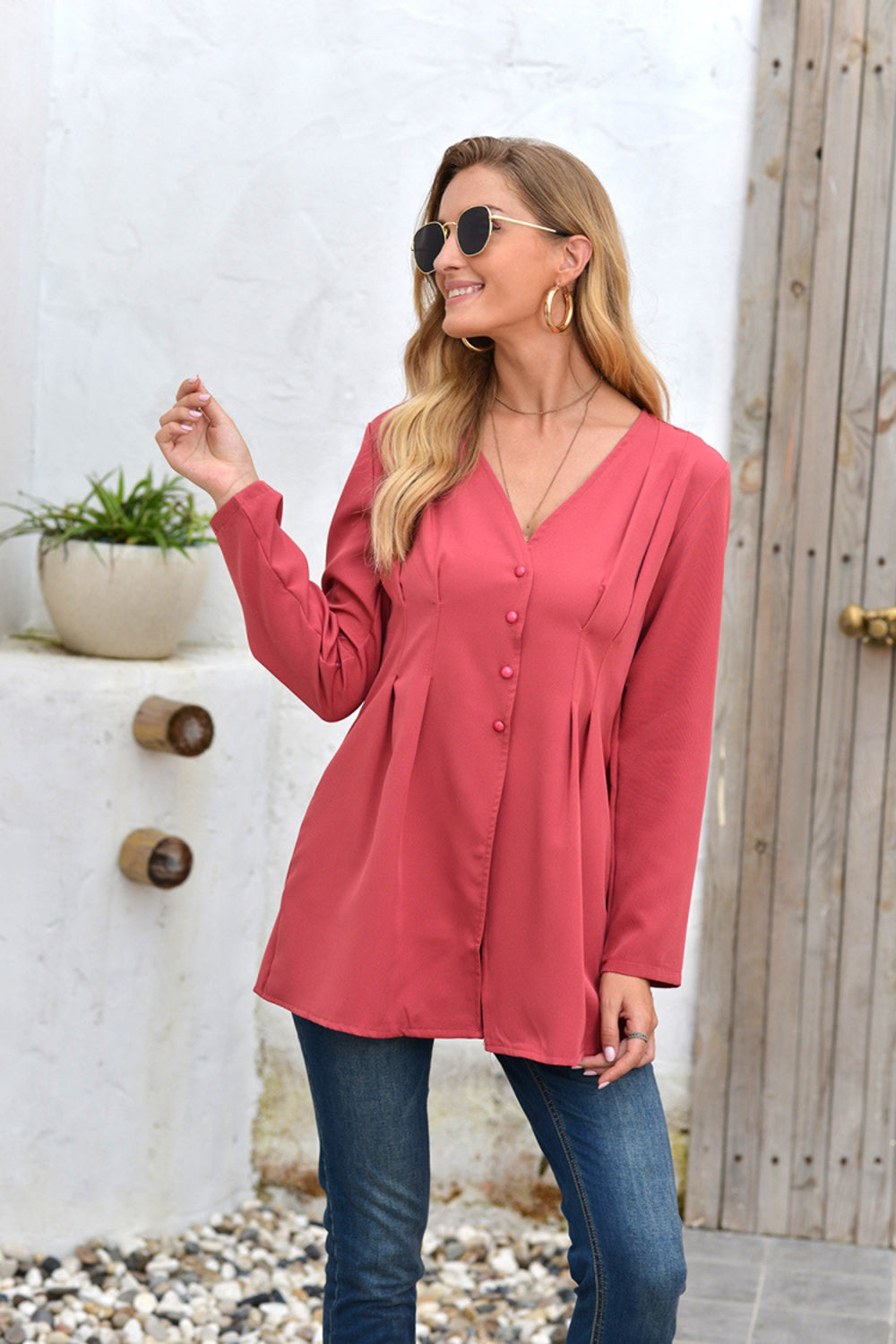 Creamtopmall Mid-Length V-Neck Long Sleeve Shirt