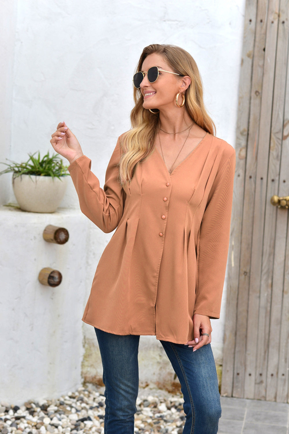 Creamtopmall Mid-Length V-Neck Long Sleeve Shirt