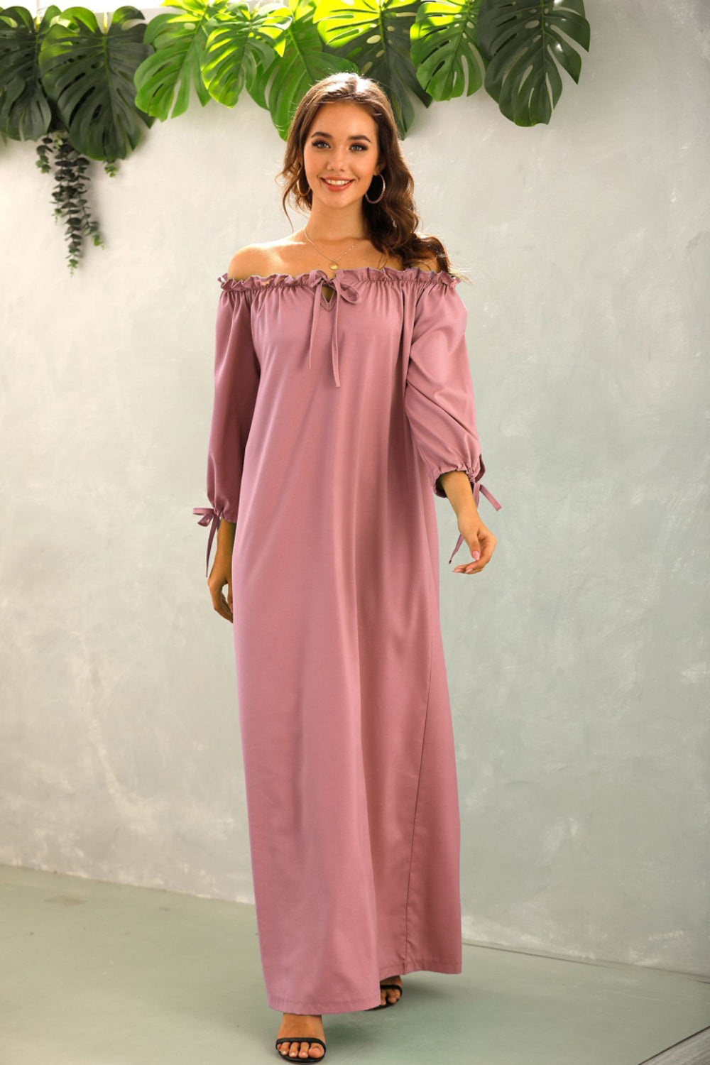 Creamtopmall Off The Should Solid Color Long Dress