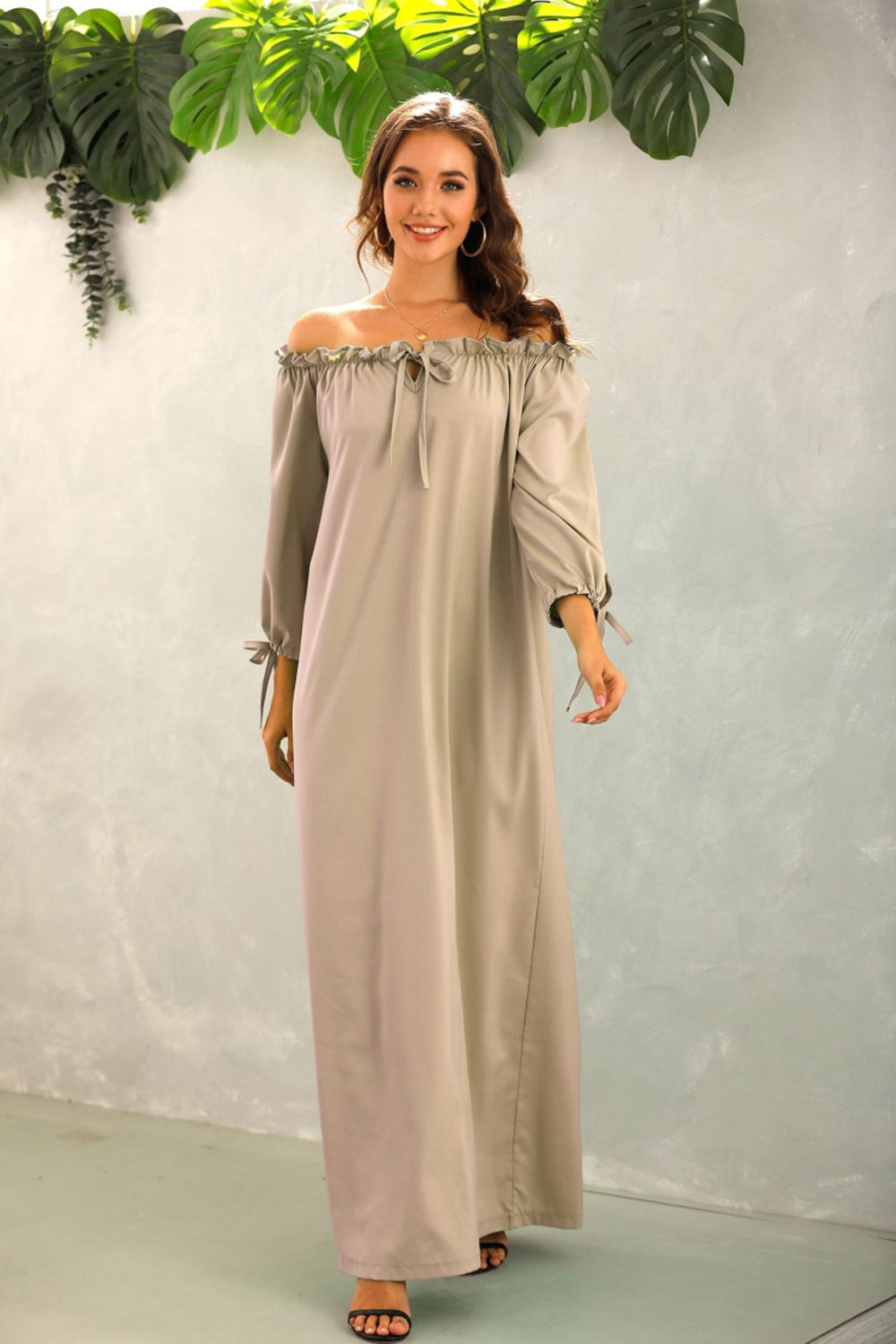 Creamtopmall Off The Should Solid Color Long Dress