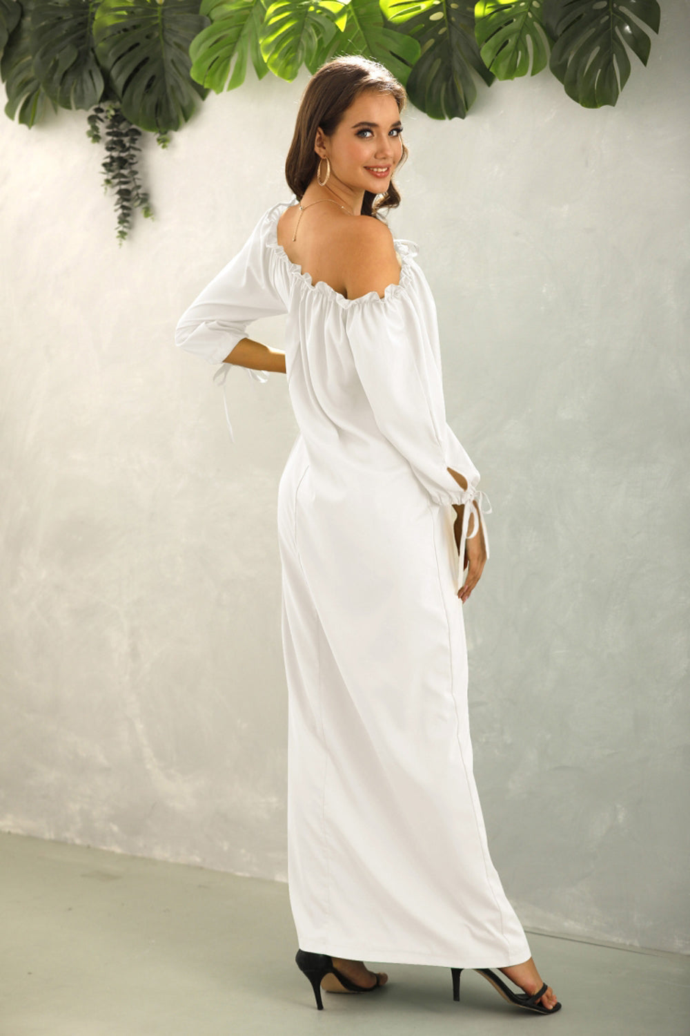 Creamtopmall Off The Should Solid Color Long Dress