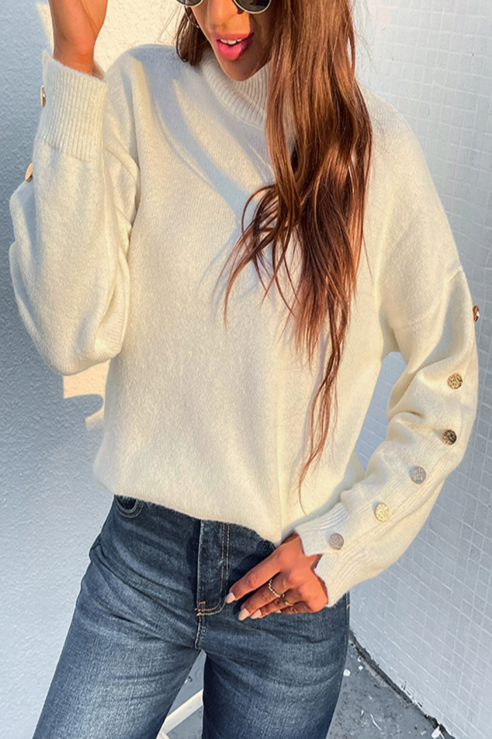 Creamtopmall High Neck Button Knit Sweater