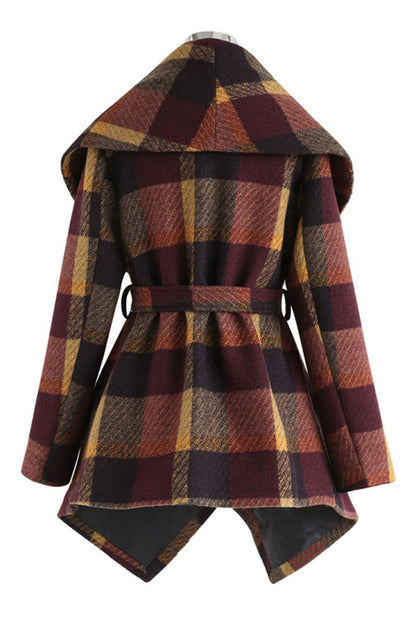 Creamtopmall Tweed Belt Plaid Coat