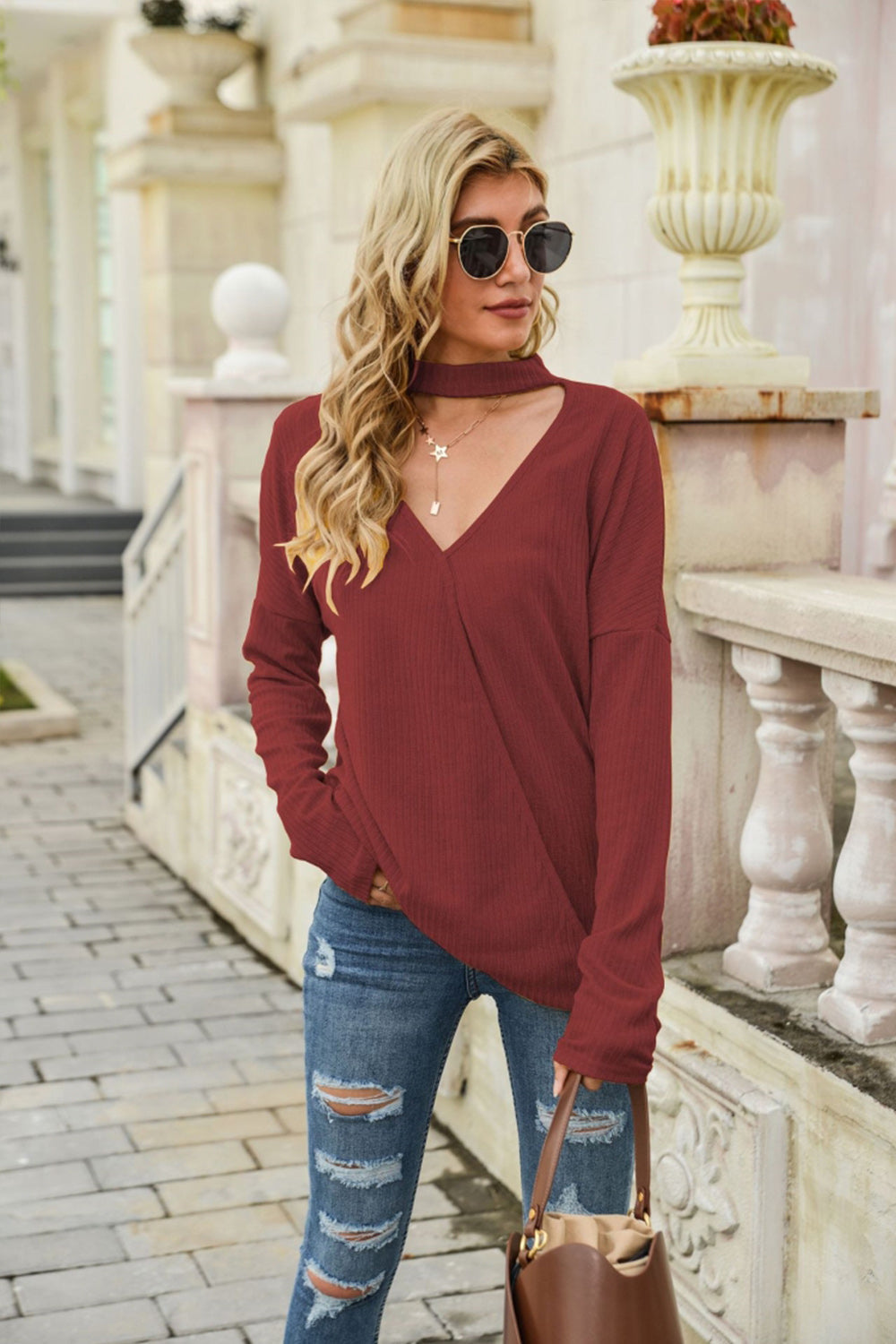 Creamtopmall Street Deep V-neck Solid Color Sweater