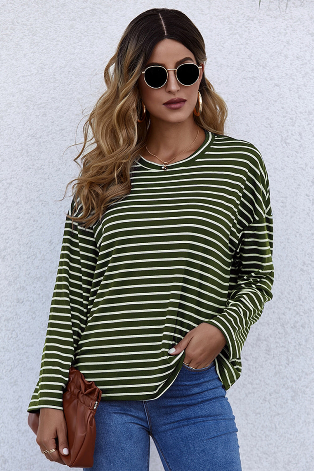 Creamtopmall Long-Sleeve Loose Round Neck Striped T-shirt