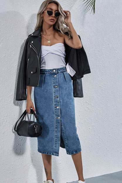 Creamtopmall High Waist Single Breasted Denim Skirt