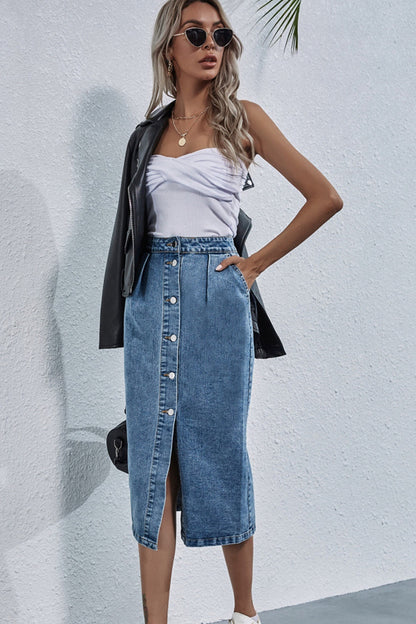 Creamtopmall High Waist Single Breasted Denim Skirt