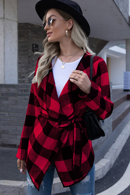 Creamtopmall Plaid Tie Waist Suit Jacket