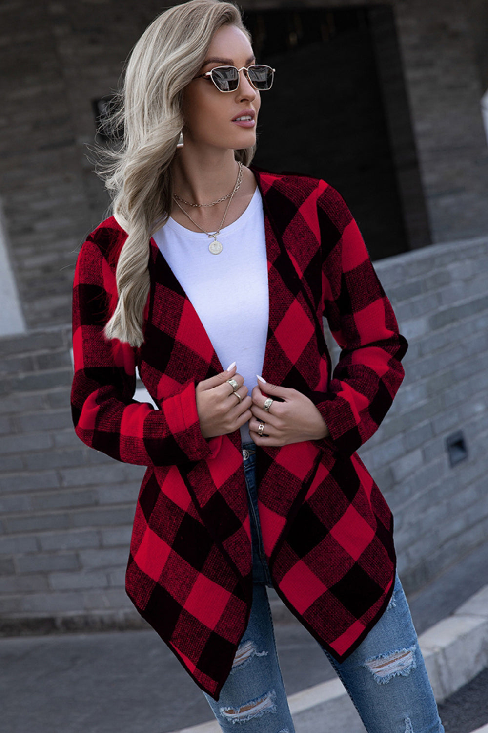 Creamtopmall Plaid Tie Waist Suit Jacket