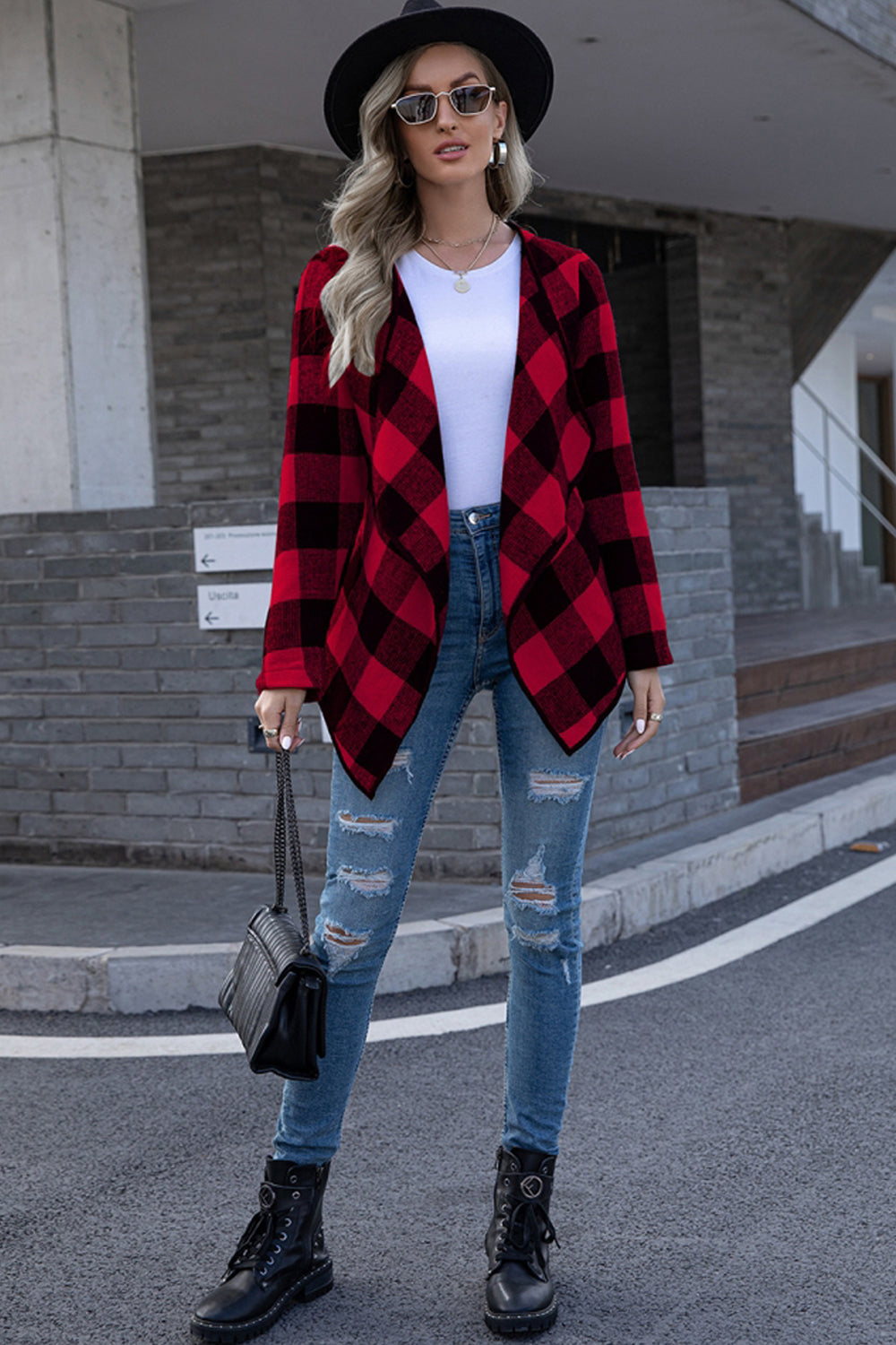 Creamtopmall Plaid Tie Waist Suit Jacket