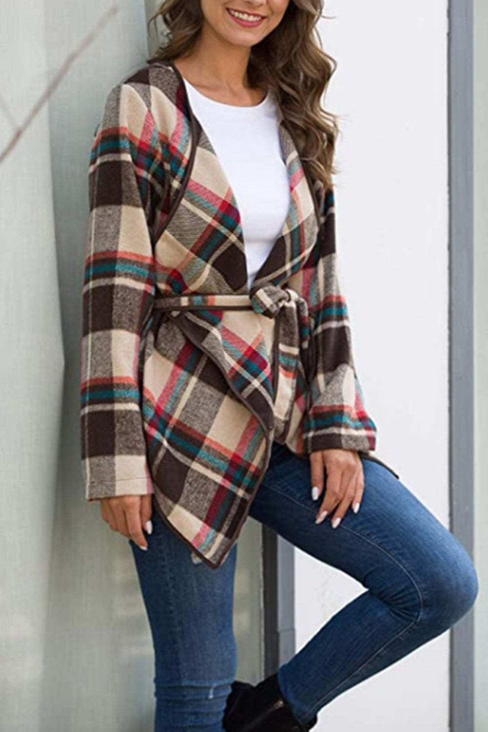 Creamtopmall Plaid Tie Waist Suit Jacket