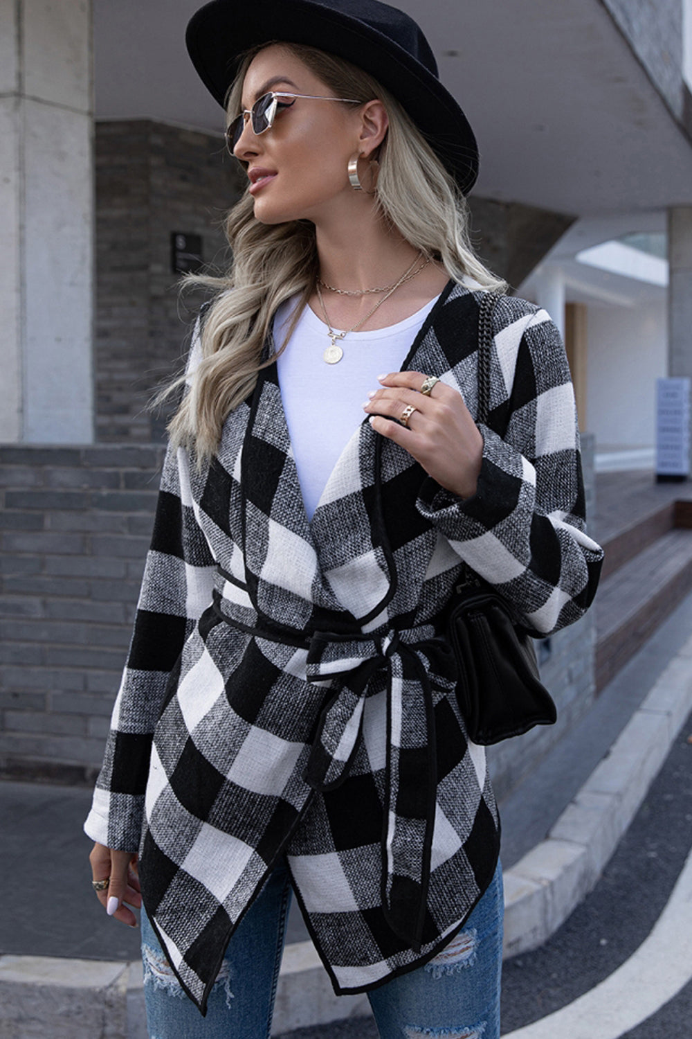 Creamtopmall Plaid Tie Waist Suit Jacket