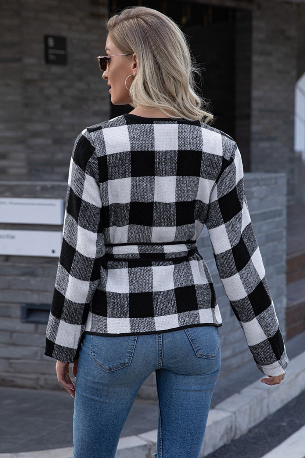 Creamtopmall Plaid Tie Waist Suit Jacket