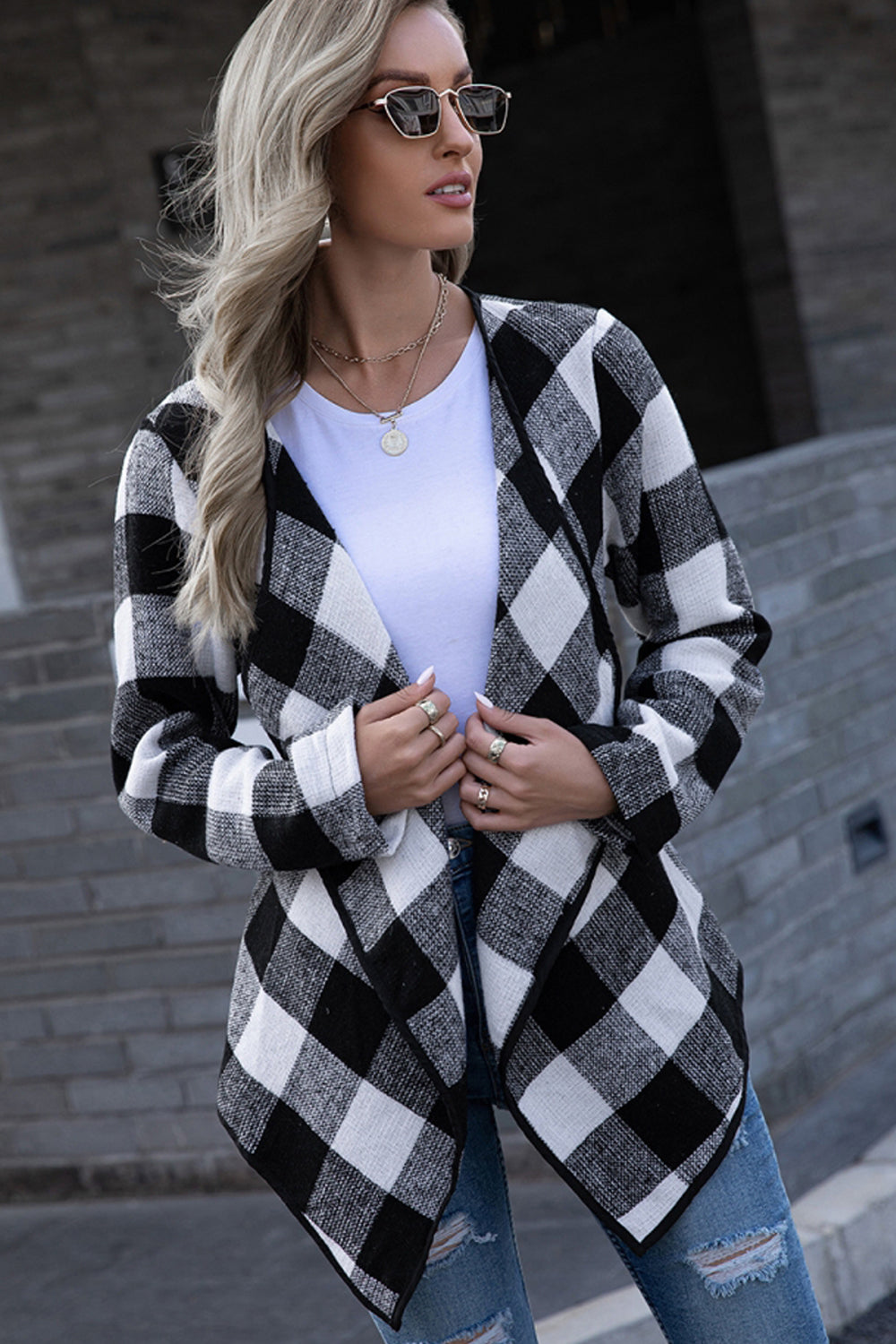 Creamtopmall Plaid Tie Waist Suit Jacket