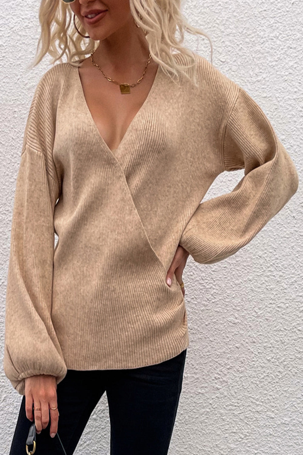 Creamtopmall Solid Color Cross Lantern Sleeve Knitted Sweater