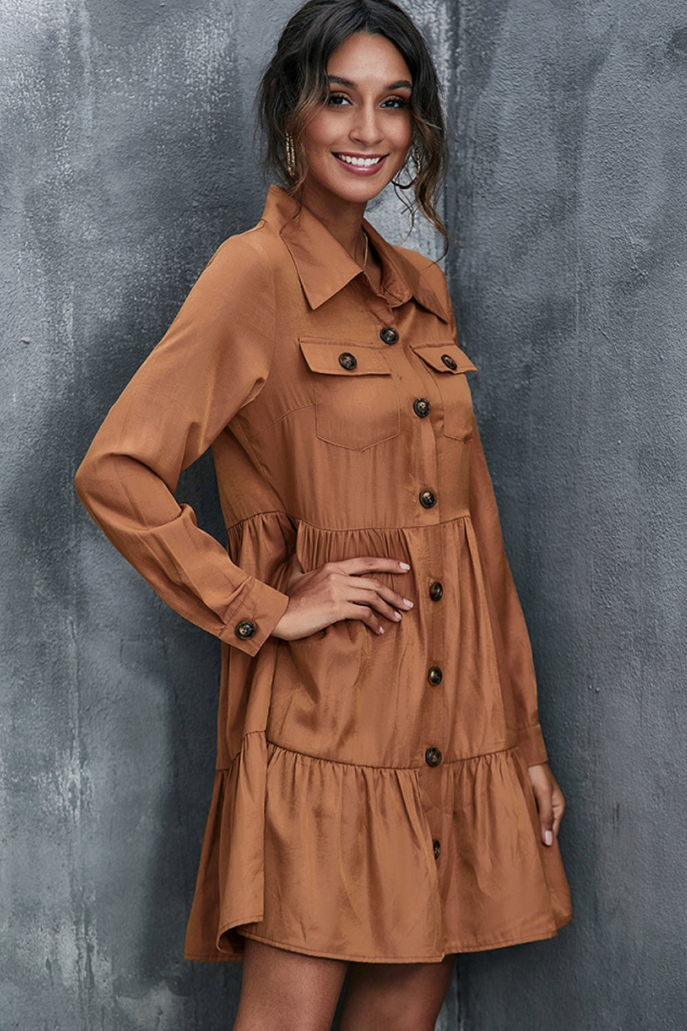 Creamtopmall Double Pocket Buttoned Shirt Dress