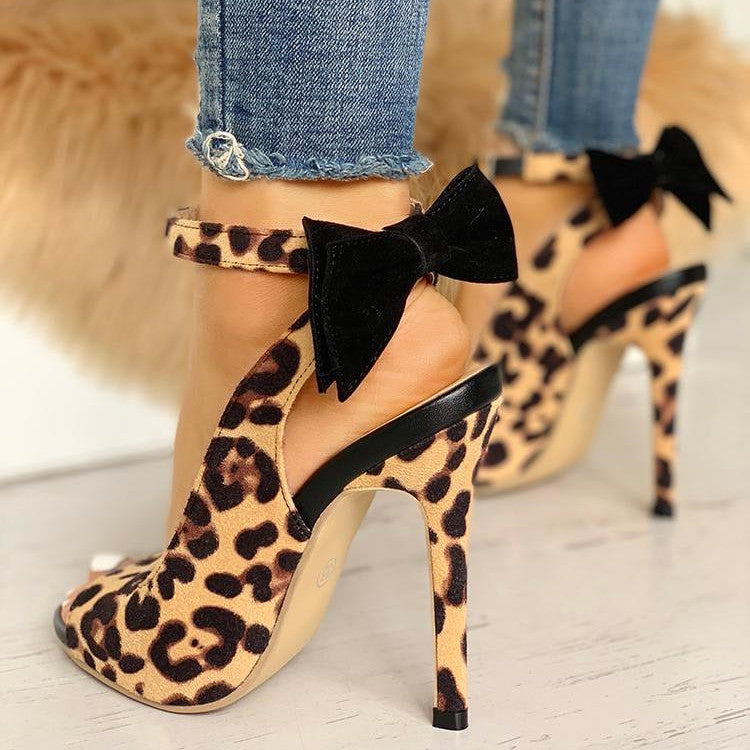 Creamtopmall Ankle Strap Leopard Bow Thin Heels