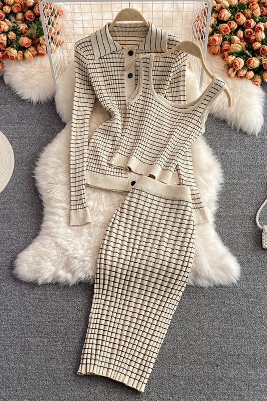 Creamtopmall Temperament Plaid Knitted 3 Piece Sets Suit