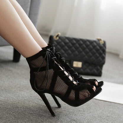 Creamtopmall Mesh Lace-Up Cross-tied Boots Pumps