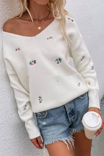 Creamtopmall Printed V-Neck Loose Knit Sweater