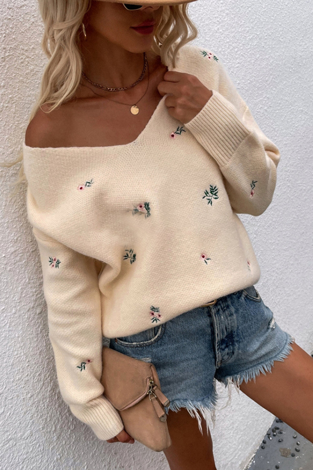 Creamtopmall Printed V-Neck Loose Knit Sweater