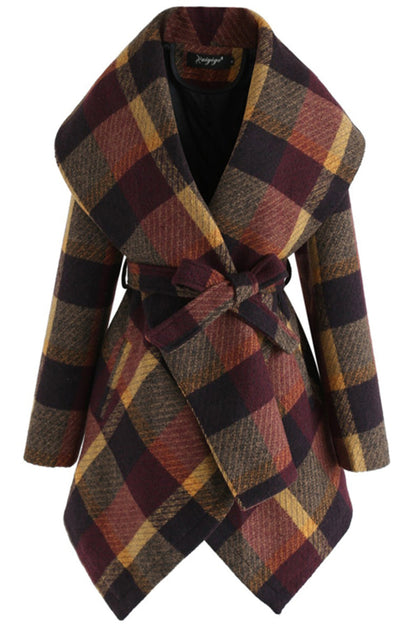 Creamtopmall Tweed Belt Plaid Coat