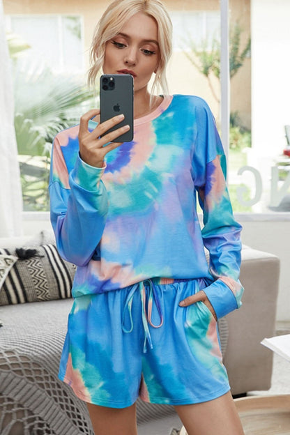 creamtopmall Long-Sleeved Shorts Tie-Dye Pajamas