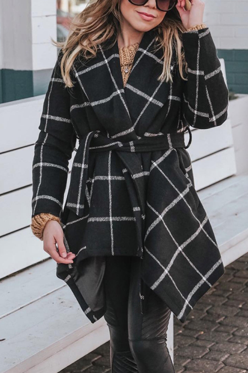 Creamtopmall Tweed Belt Plaid Coat