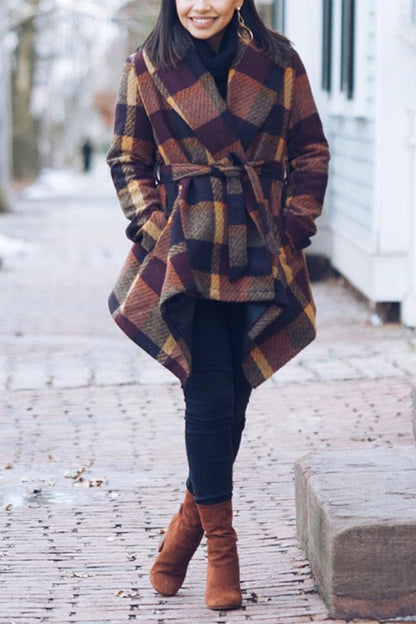 Creamtopmall Tweed Belt Plaid Coat