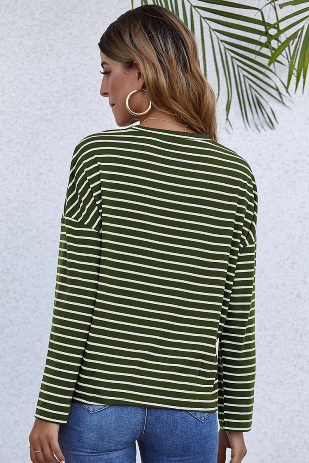 Creamtopmall Long-Sleeve Loose Round Neck Striped T-shirt