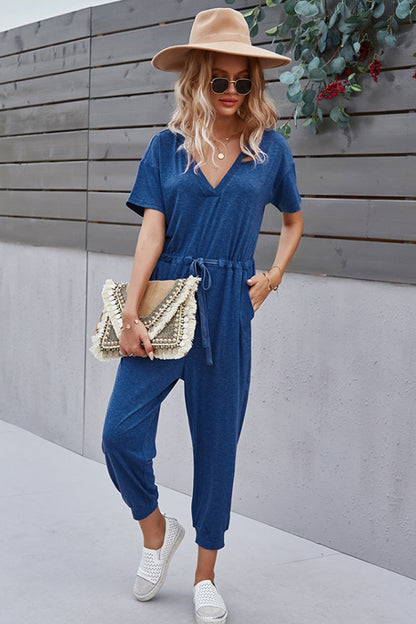 creamtopmall Solid Color V-Neck Jumpsuit