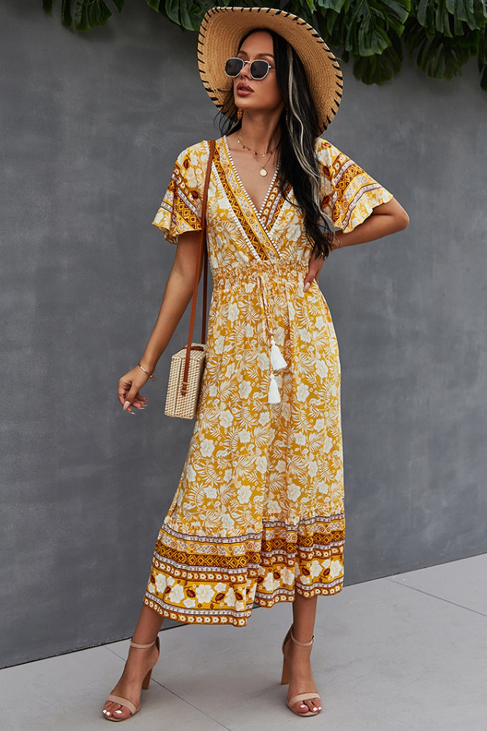 Creamtopmall V-Neck Tie Bohemian Dress