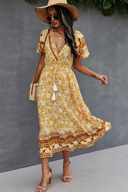 Creamtopmall V-Neck Tie Bohemian Dress