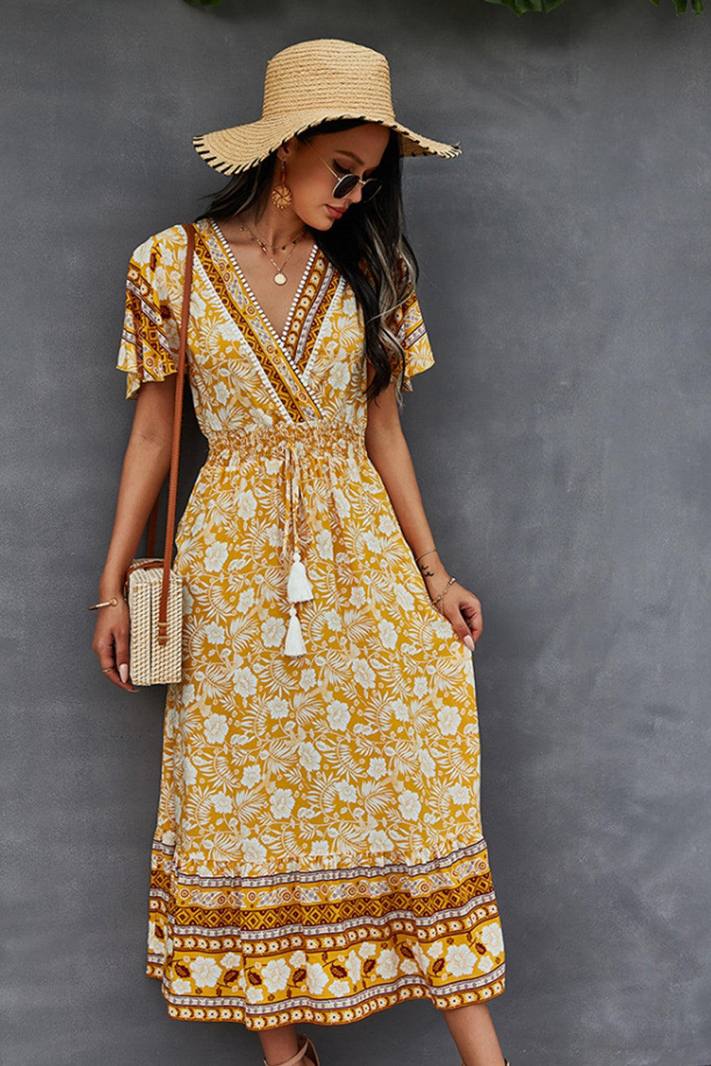 Creamtopmall V-Neck Tie Bohemian Dress