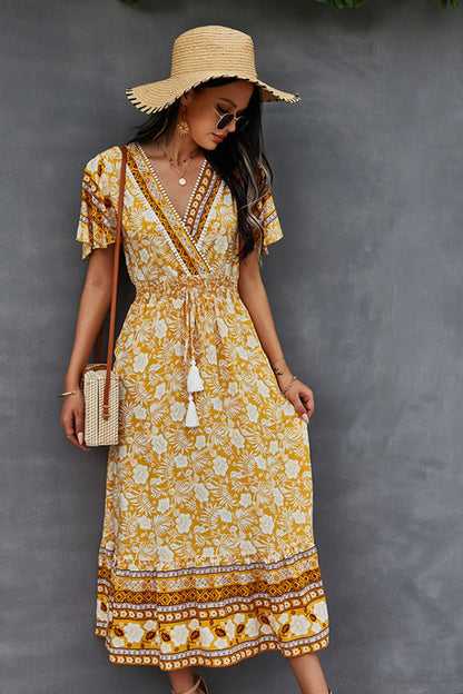 Creamtopmall V-Neck Tie Bohemian Dress