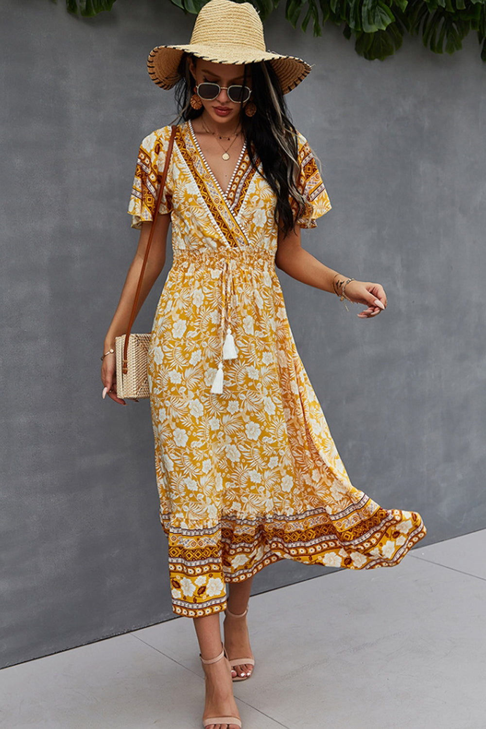 Creamtopmall V-Neck Tie Bohemian Dress